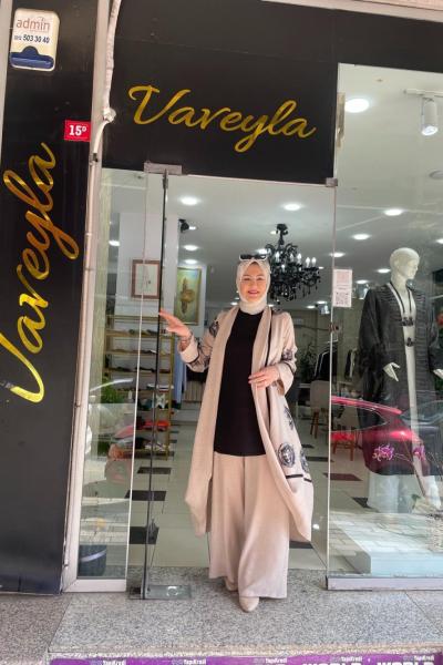 3 lü baskılı keten pantolonlu  takım Bej