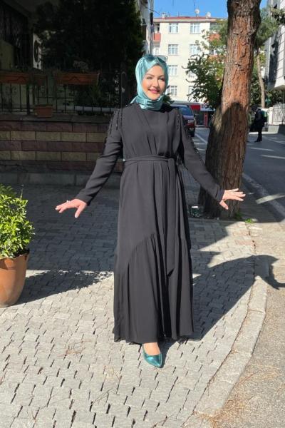 Abayalı sarkık boncuklu ikili abaya beden 1/4 Siyah