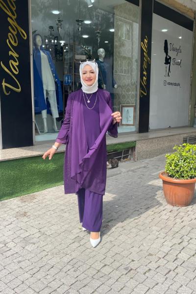 Abiye pantolonlu 3 takım  Mor