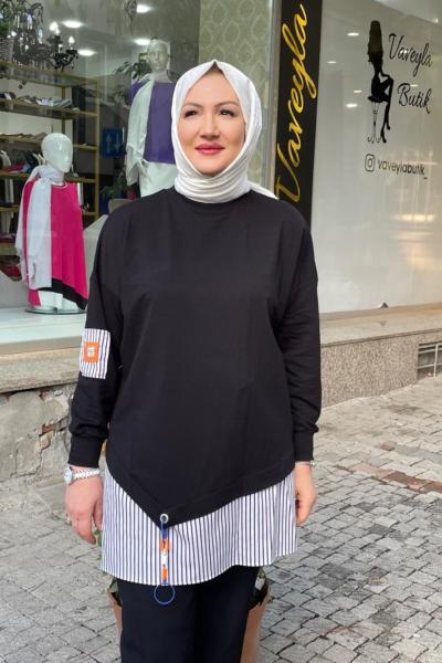 Ara boy cızgı detaylı tunık Siyah