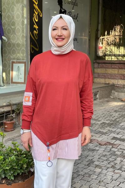 Ara boy cızgı detaylı tunık Kiremit