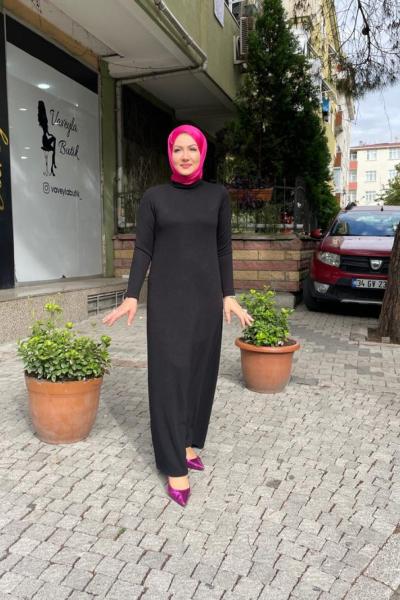 Balıkcı yaka örme elbıse Siyah