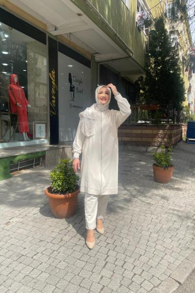 Banbu dantelli önden fermuarlı pantolonlu takım  Taş Rengi