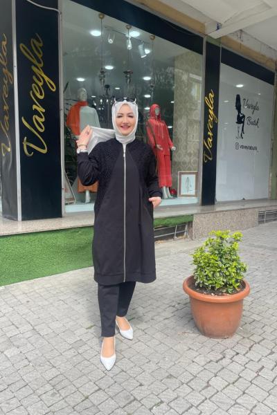 Banbu dantelli önden fermuarlı pantolonlu takım  Siyah