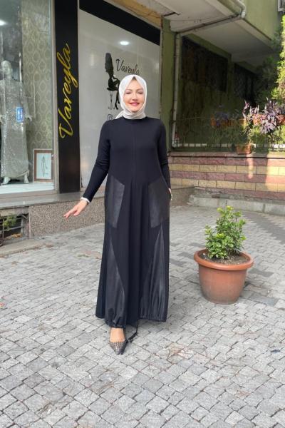 Banbu deri detaylı ipli elbise Siyah