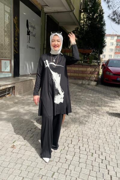 Banbu kumas fırca desenlı pantolonlu takım Siyah