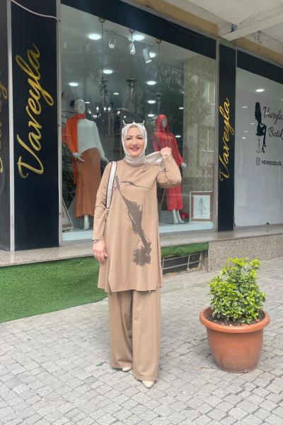 Banbu kumas fırca desenlı pantolonlu takım Vizon