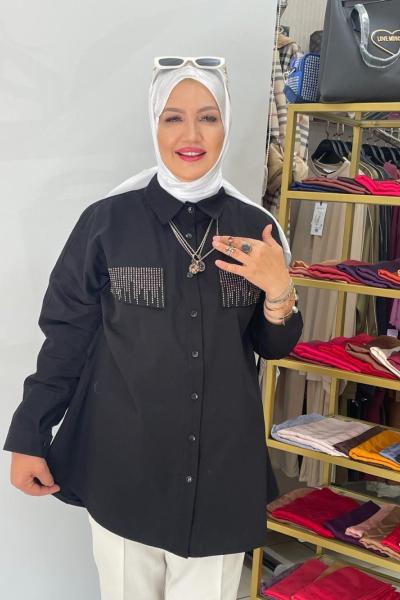 Baskılı taşli gomlek Siyah