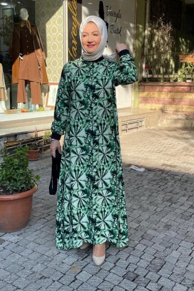 Batık desenlı kolları ve boynu rıbanalı elbıse Yeşil