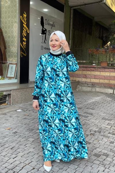 Batık desenlı kolları ve boynu rıbanalı elbıse Mavi