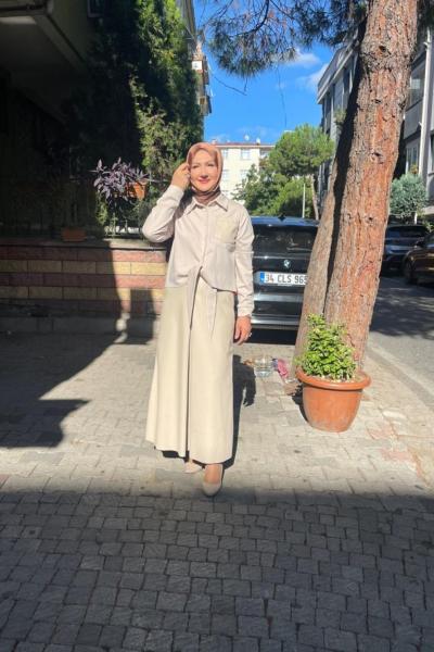 Belden baglamalı çelik gömlek alt etegi önden a pıle deri etek Taş Rengi