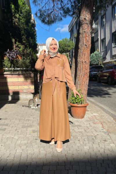 Belden baglamalı çelik gömlek alt etegi önden a pıle deri etek Camel