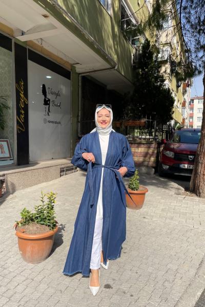 Belden Kuşaklı Tencel Kot Kap Mavi