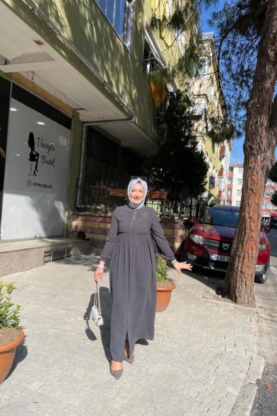 Beli Büzgülü Kolu Lastikli Ferace Gri