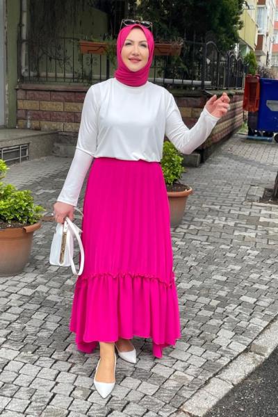 Beli lastıklı etegı fırfırlı pılıselı etek Fuşya