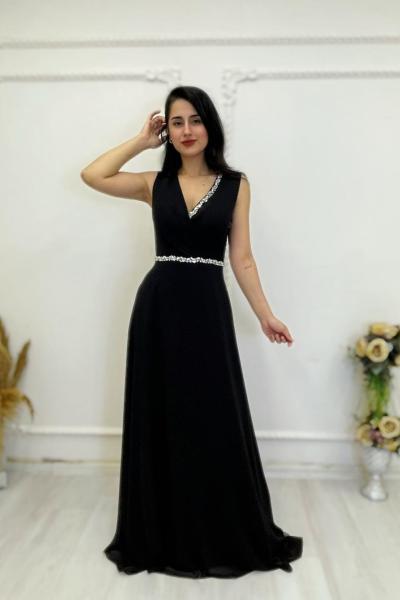 Beli taşlı şifon elbise Anadolu Siyahı