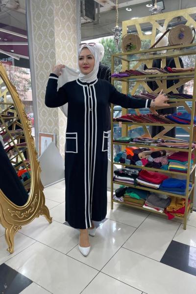 Beyaz cizgili  iri cepli hırka Siyah Beyaz