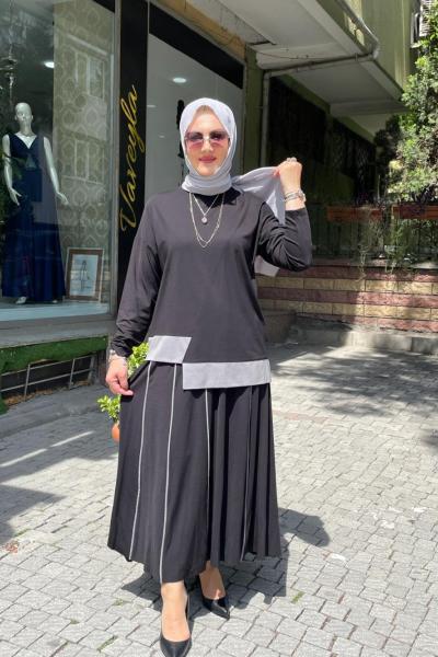 Biyeli etekli takım banbu kumaş  Siyah