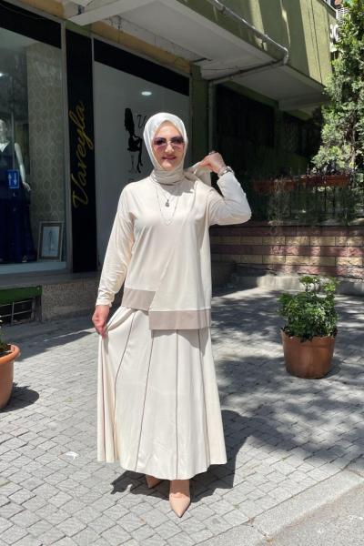 Biyeli etekli takım banbu kumaş  Krem