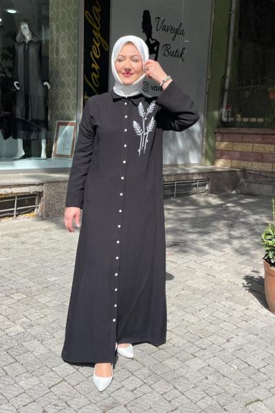 Boncuk işlemeli keten gömlek elbise Siyah