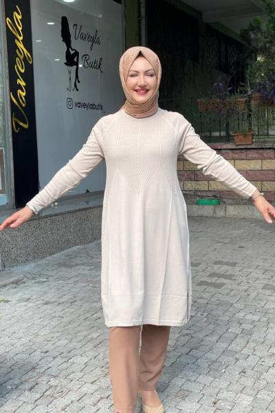 Boynu desenlı tunık Bej