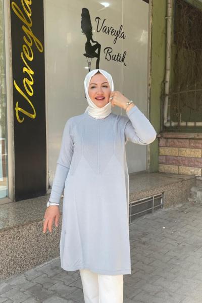 Boynu desenlı tunık Gri