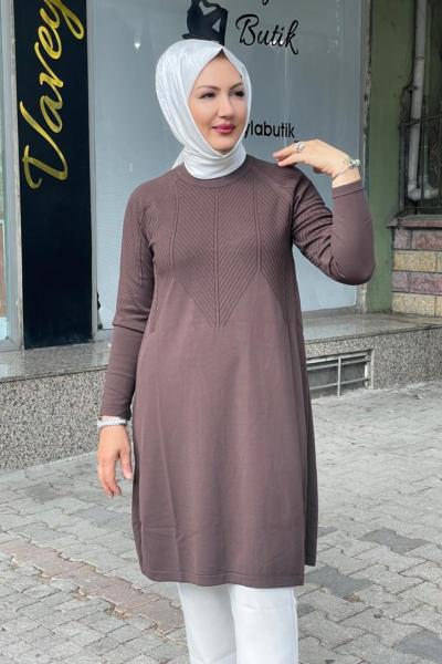 Boynu desenlı tunık Acı Kahve