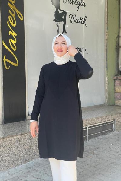 Boynu desenlı tunık Siyah