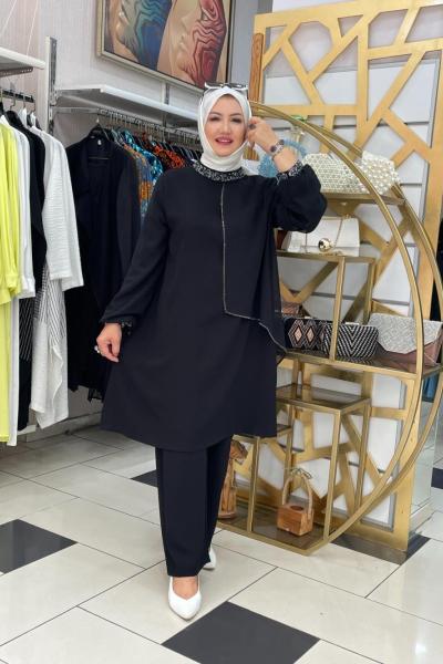 Boynu ve kolu taş işlemeliş takım Siyah