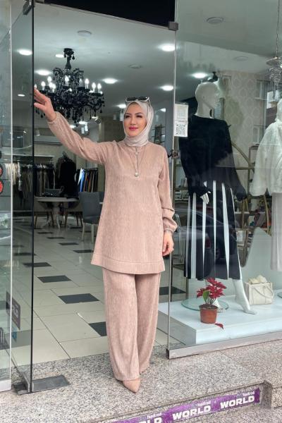 Burumcuk kumaş pantolonlu takım Bej