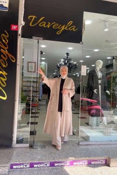 Buyuk cepli keten 2 li pantolonlu takım Bej