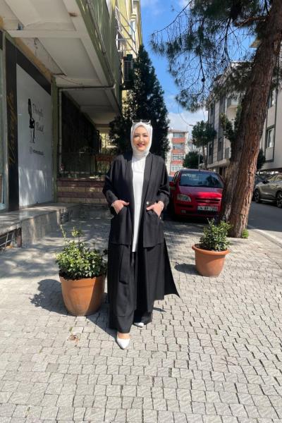 Buyuk cepli keten 2 li pantolonlu takım Siyah