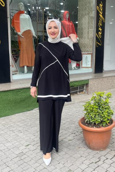 Çapraz biye detaylı pantalonlu sandy takım Siyah