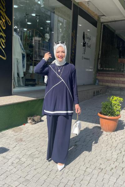 Çapraz biye detaylı pantalonlu sandy takım Lacivert