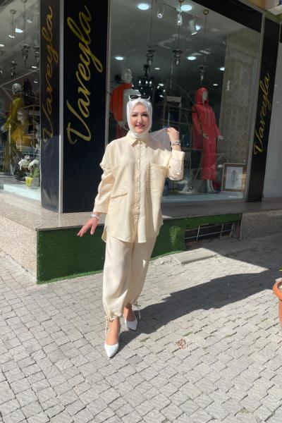 Cebi işlemeli tensel gomlek Krem