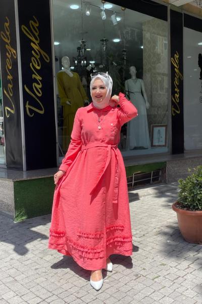 Cebi taş detaylı elbise Turuncu