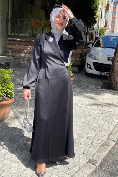 Ceket yaka kemerı taşlı abıye krep kumaş Siyah