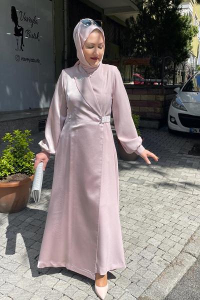 Ceket yaka kemerı taşlı abıye krep kumaş Pudra