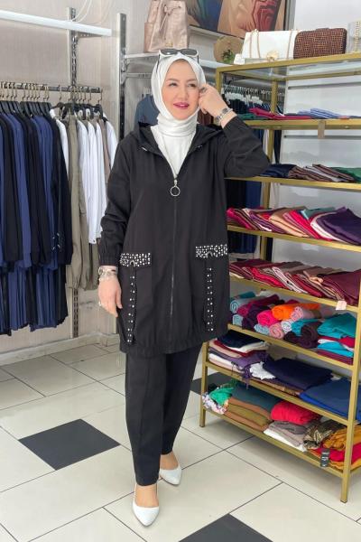 Cep detaylı taşlı pantolonlu takım Siyah