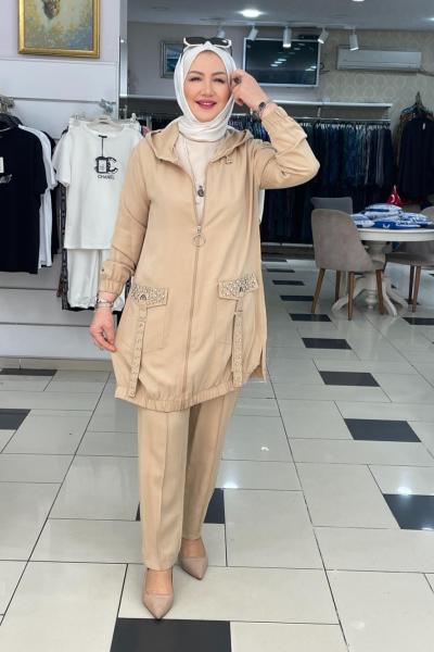 Cep detaylı taşlı pantolonlu takım Kemik