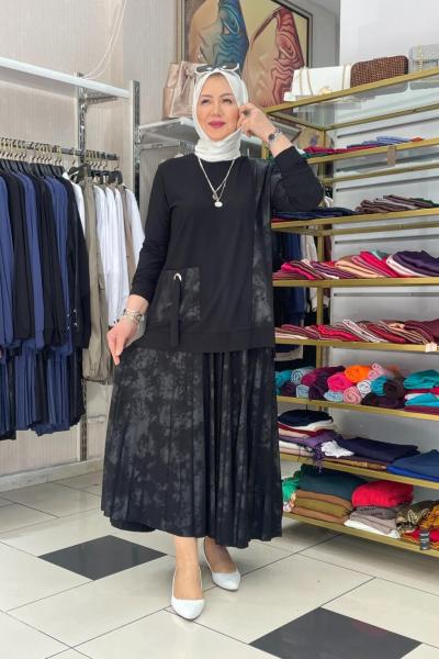 Cep detaylı eteklı takım Siyah