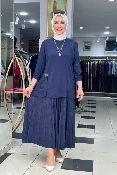 Cep detaylı eteklı takım Mavi