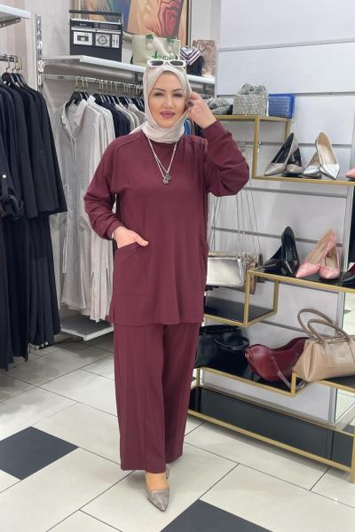Cep detaylı pantolonlu takım Bordo