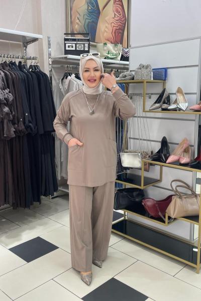 Cep detaylı pantolonlu takım Kahverengi