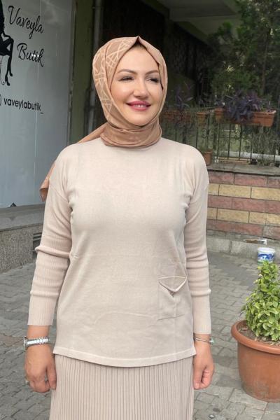 Cepli yusufcuk deraylı bluz Bej