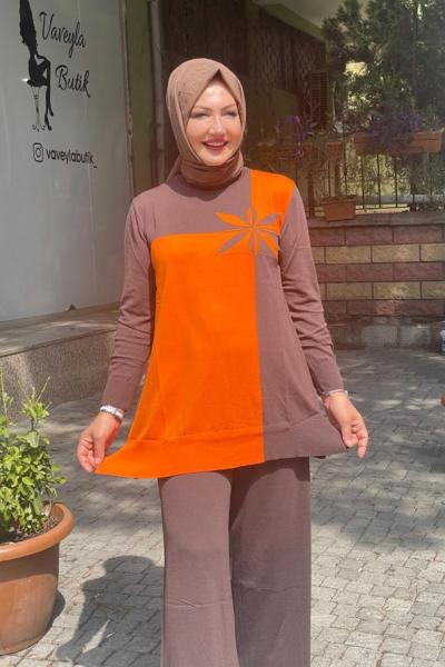 Çiçek desenli tunık Acı Kahve