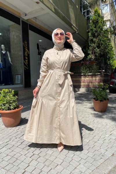 Çıt çıt yanları büzgu detaylı elbise Bej