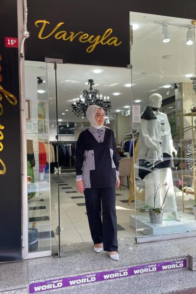 Cizgı detaylı 3 lü pantolonlu takım Siyah