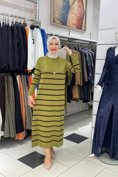 Cizgılı şerit elbıse Yağ Yeşili