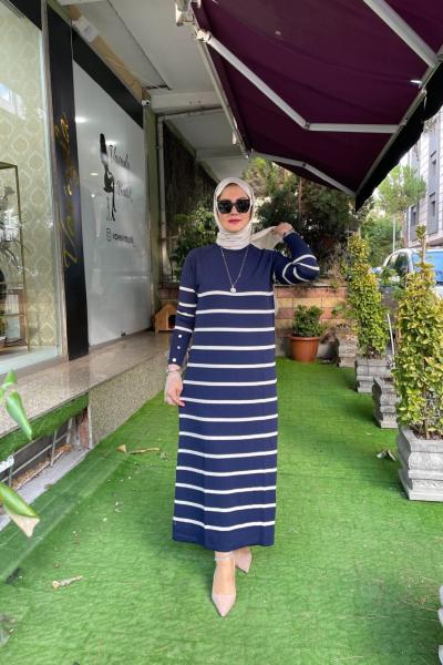 Cizgılı şerit elbıse Lacivert